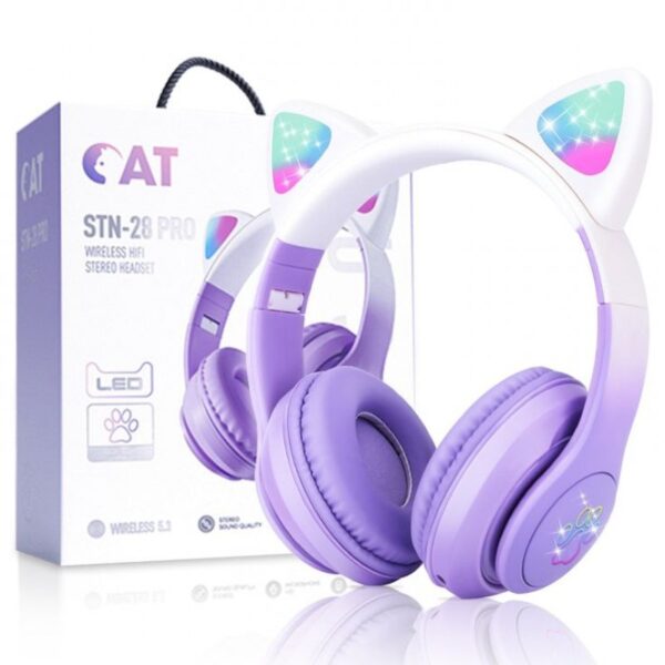 Newest STN-28 PRO Wireless Headset Cat Ear 5.0 Bluetooth Headphones LED Flashing Light Sports, Leisure Earphones, Music, Gaming Headset Stereo, TF Card with Microphone for PC Phone