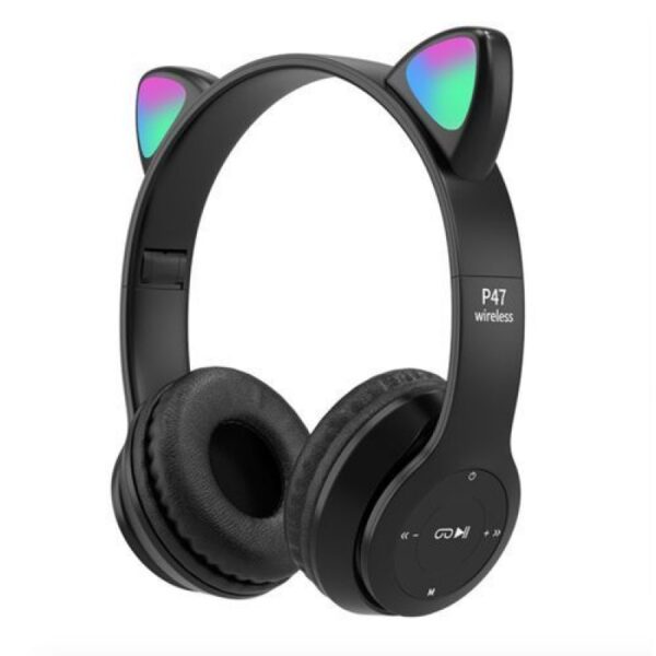 ROXO P47M Wireless Bluetooth Cat Ear with 7 RGB Color Changing Lights Headphones with Mic,Aux,Memory Card Support,Upto 8 Hours Battery Back Up,Supports All Devices (Light Blue)